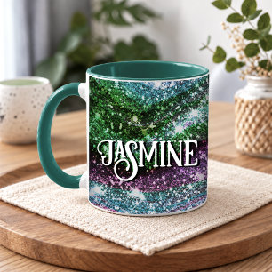 Mug Monogramme pailleté vert rose ondulé fantaisiste