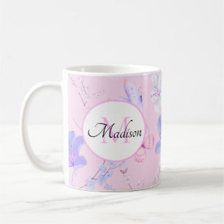 Mug Monogramme papillons floraux aquarelle rose