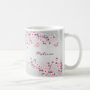 Mug Monogramme Parties scintillant d'argent en fleurs 