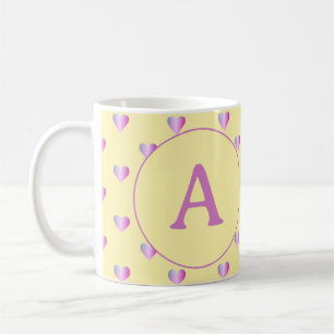 Mug Monogramme personnalisé Coeurs mignons Lilac Jaune
