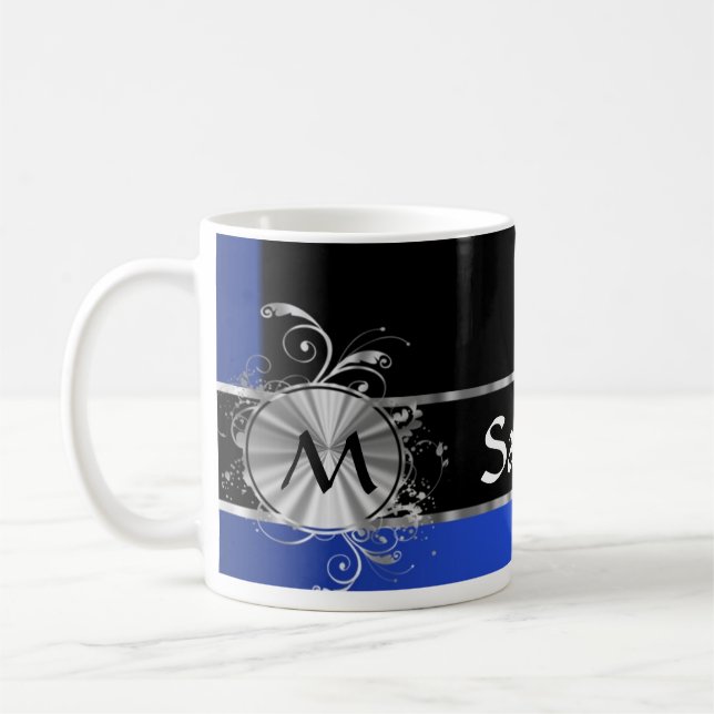 Mug Monogramme personnalisé de noir bleu et d'argent (Gauche)