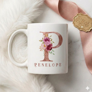 Mug Monogramme personnalisé en lettre P floral or rose