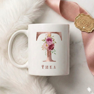 Mug Monogramme personnalisé en lettre T floral or rose