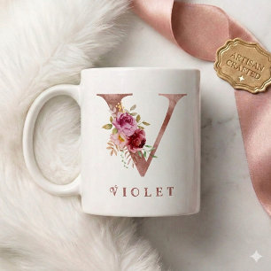 Mug Monogramme personnalisé en lettre V floral or rose