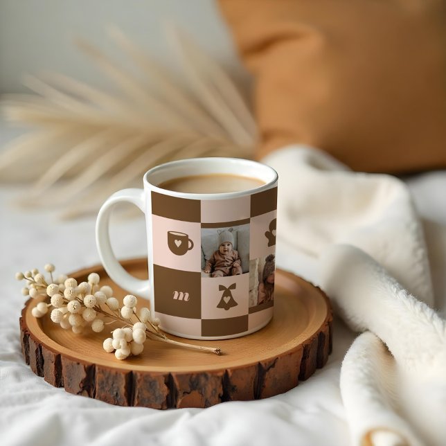 Mug Monogramme personnalisé Retro À damiers Motif (Retro Chequered Pattern Custom Monogram Coffee Mug)