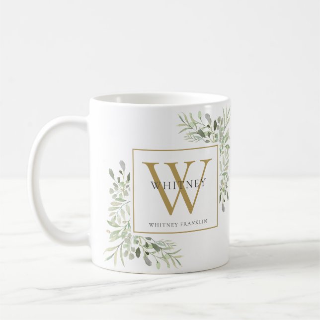 Mug Monogramme personnalisé vert Élégant Or (Gauche)