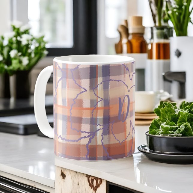 Mug Monogramme plaid feuilles d'automne beige orange v (Créateur téléchargé)