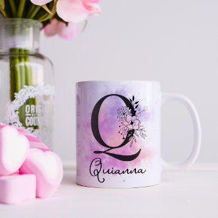 Mug Monogramme Q lettre noire florale rose violet