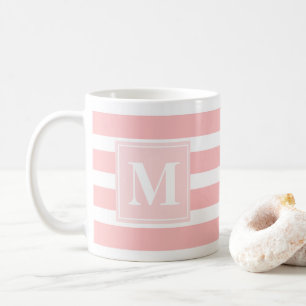 Mug Monogramme rayé rose et blanc moderne