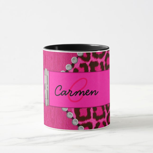 Mug Monogramme rose à la mode de léopard et de (Centre)