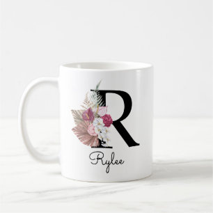Mug Monogramme Rose Bohème Féminin Floral Initiale R