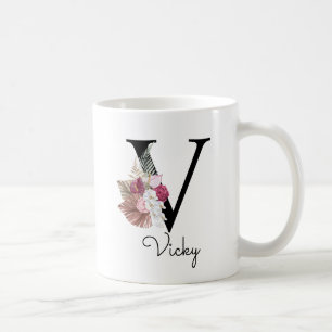 Mug Monogramme Rose Bohème Féminin Floral Initiale V