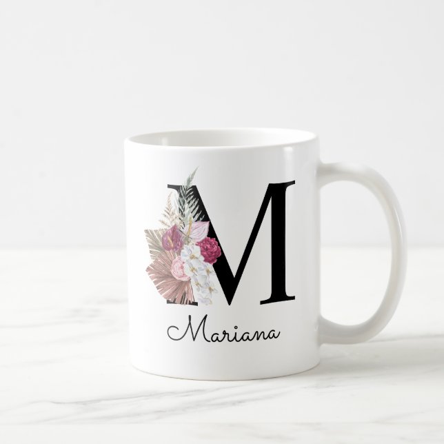 Mug Monogramme Rose Boho Féminin Floral Initial M (Droite)
