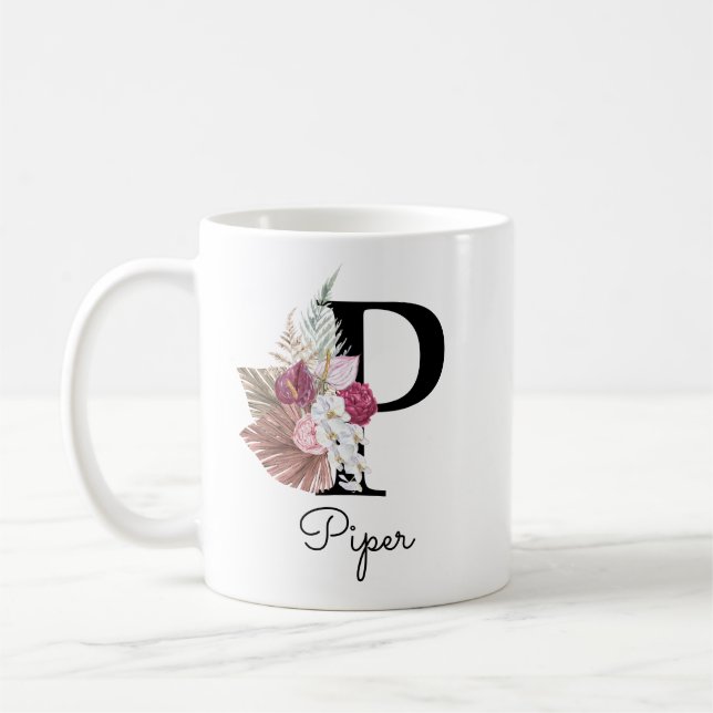 Mug Monogramme Rose Boho Féminin Floral Initial P (Gauche)