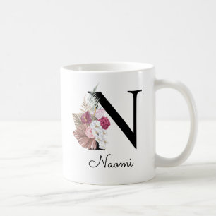 Mug Monogramme Rose Boho Féminin Floral Initiale N