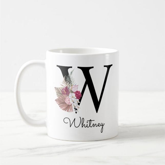 Mug Monogramme Rose Boho Féminin Floral Initiale W Caf (Gauche)