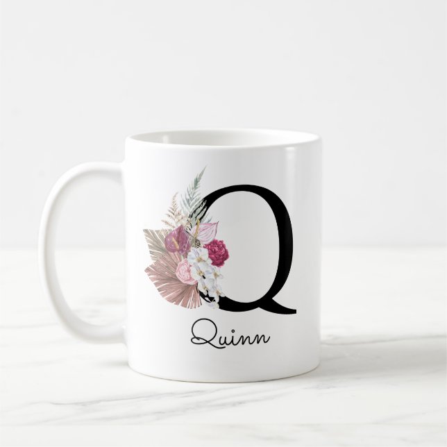 Mug Monogramme Rose Boho Girl Floral Initial Q (Gauche)