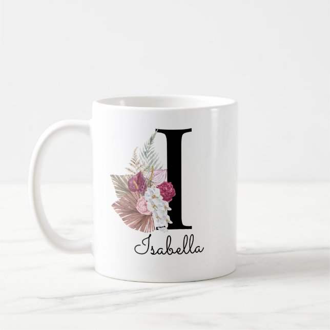 Mug Monogramme Rose Boho Girly Fleur Initial I (Gauche)