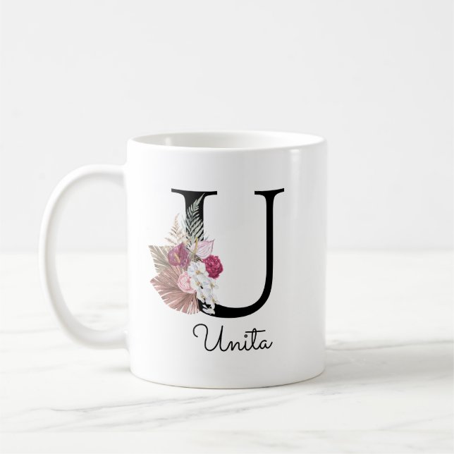 Mug Monogramme Rose Fleur Initiale U (Gauche)