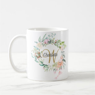Mug Monogramme rose Floral Elegant Gold Script