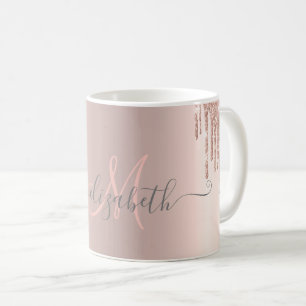 Mug Monogramme Rose Gold à Gouttes Brillantes Modernes