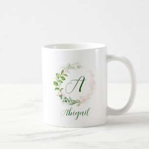 Mug Monogramme Rose Gold et vert géométrique Wreath