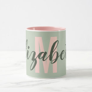 Mug Monogramme rose pâle vert clair simple