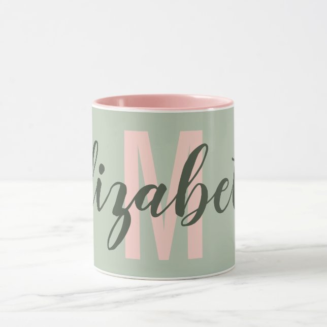 Mug Monogramme rose pâle vert clair simple (Centre)