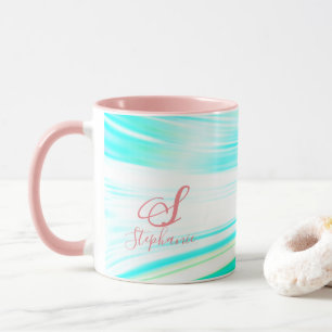 Mug Monogramme rose Turquoise de la vague bleue Initia