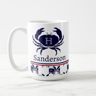 Mug Monogramme Rouge Blanc Marine Bleu Crabe Nautique