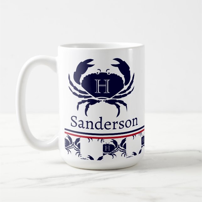 Mug Monogramme Rouge Blanc Marine Bleu Crabe Nautique (Gauche)
