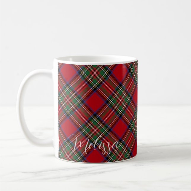Mug Monogramme rouge et vert rustique tartan plaid (Gauche)