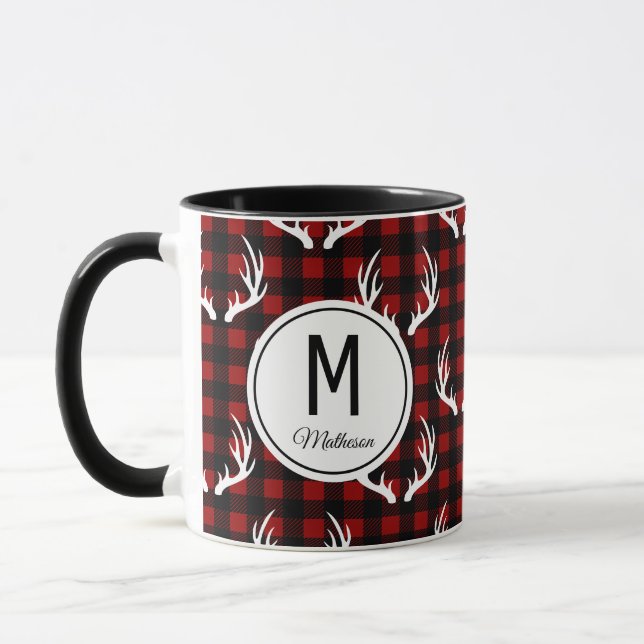 Mug Monogramme Russe Buffalo Plaid & White Deer Antler (Gauche)