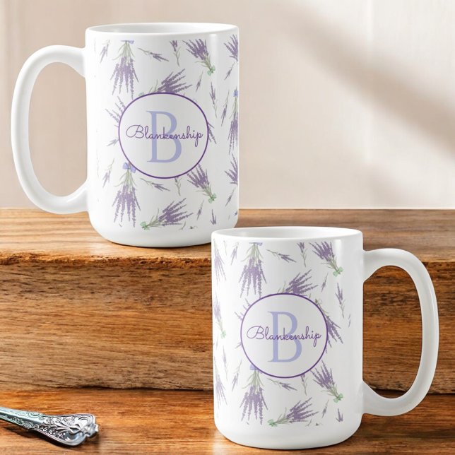 Mug Monogramme Rustique Lavande Sèche (Monogram template mug design on both sides of handle.)