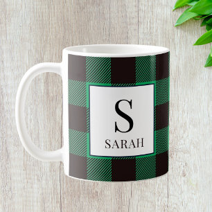 Mug Monogramme rustique vert et noir à carreaux Buffal