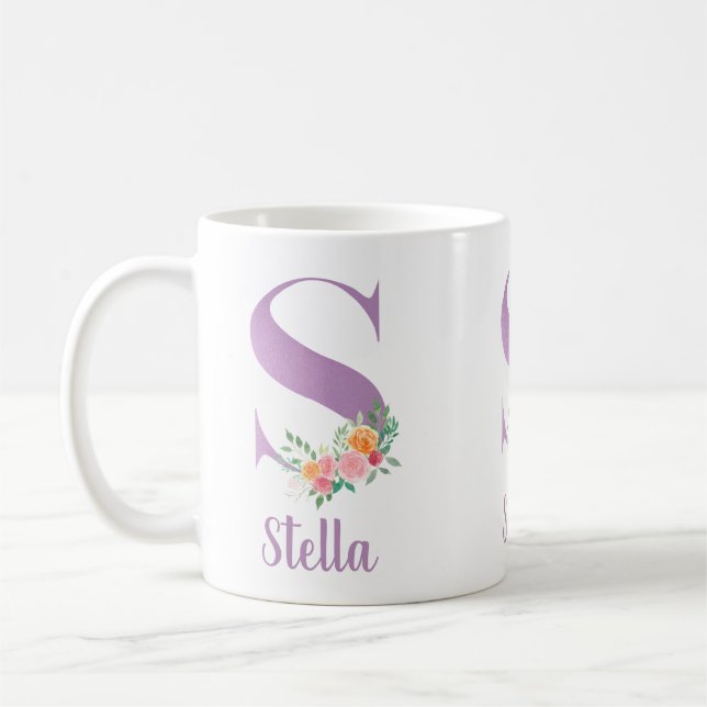 Mug Monogramme S Fleurs Violet Aquarelle Personnalisé (Gauche)