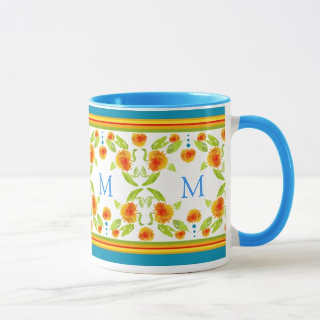 Mug Monogramme Style Pays Orange Marigolds Bordure (Droite)