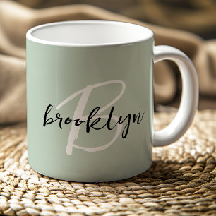 Mug Monogramme tendance vert sauge noir blanc 