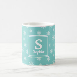 Mug Monogramme Turquoise des flocons blancs de Noël