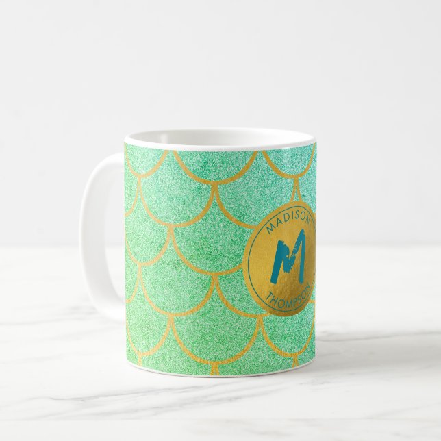 Mug Monogramme Turquoise Motif de Parties scintillant  (Devant gauche)