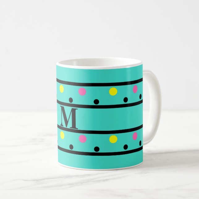Mug Monogramme Turquoise Pois (Devant droit)