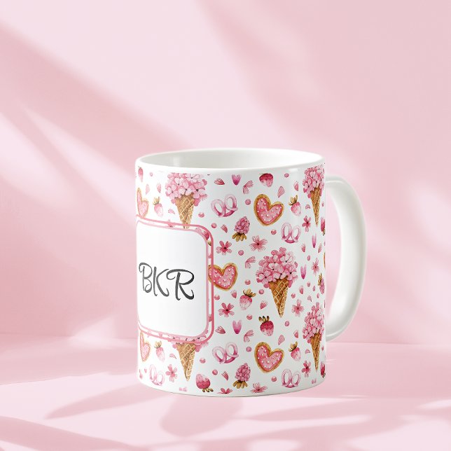 Mug Monogramme, Valentine Candy & Hydrangea Motif 11oz (Créateur téléchargé)
