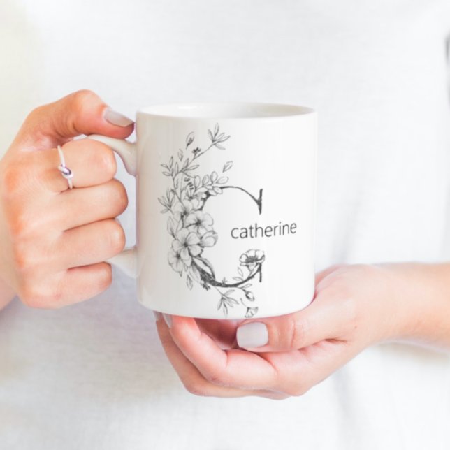 Mug Monogramme végétal floral | Élégant texte personna (Créateur téléchargé)