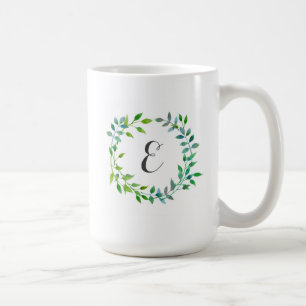 Mug Monogramme vert de la guirlande   de feuille