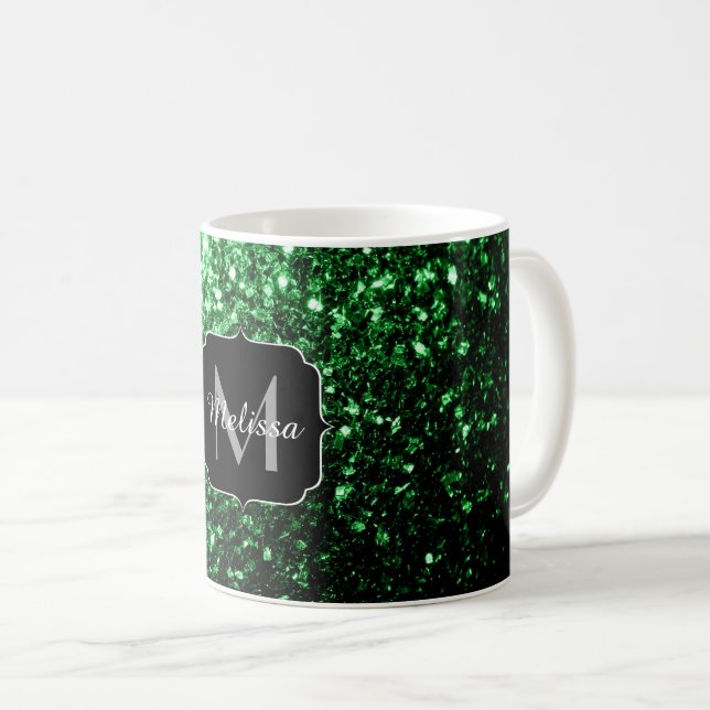 Mug Monogramme vert foncé faux parties scintillant sci (Devant droit)