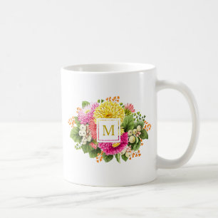 Mug Monogramme Vintage Asters Bouquet rose Jaune Musiq