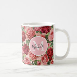 Mug Monogramme Vintage de rose rouge rose