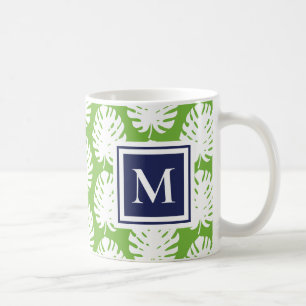 Mug Monstera Feuille Green Navy Moderne Monogramme Côt