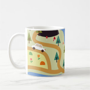 Mug Montagnes, rivières, forêt, motif automobile.