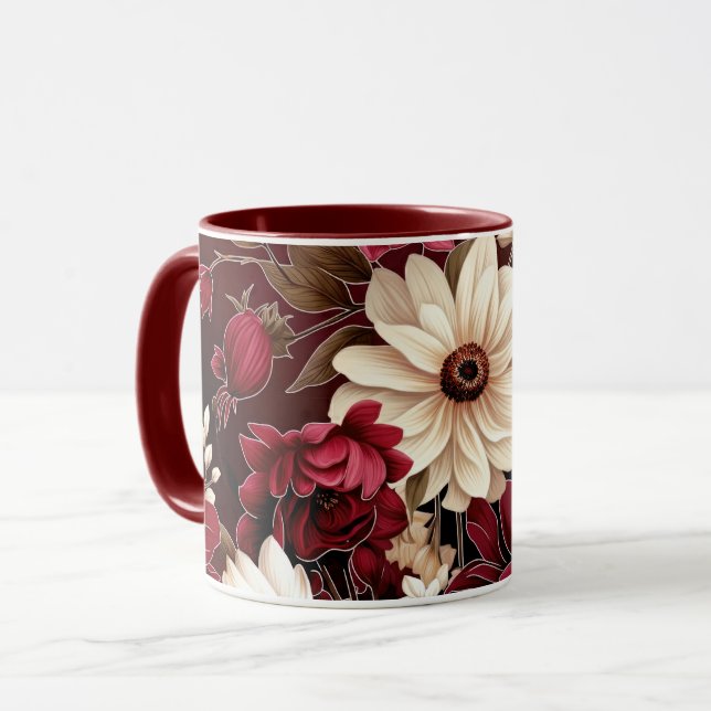 Mug Moody Bourgogne et Florals de crème (Devant gauche)